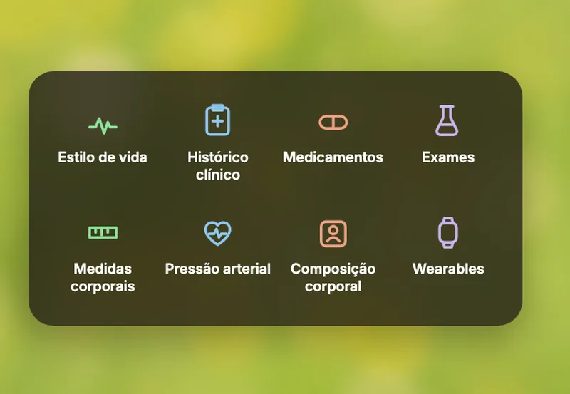 Painel com as fontes de dados: estilo de vida, histórico clínico, medicamentos, exames, medidas corporais, pressão arterial, composição corporal e wearables.